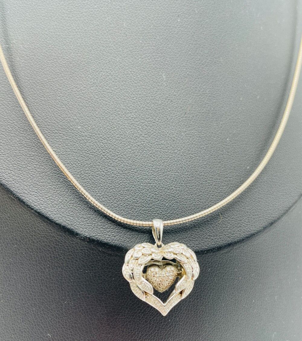 EA Sterling Silver CZ Trembler Heart Pendant w Snake Chain 925 Italy Necklace